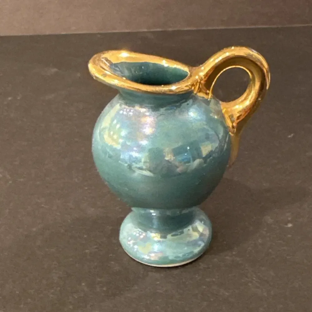 Vintage Set of 4 Mini Pottery Pitchers Colorful Gold Trim Studio Art Style